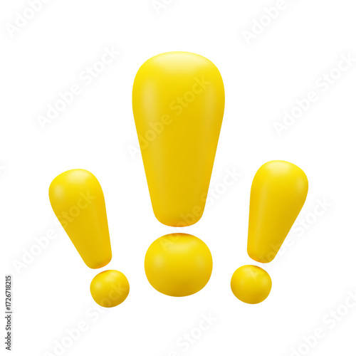 3D Three yellow exclamation point icons isolated on transparent background