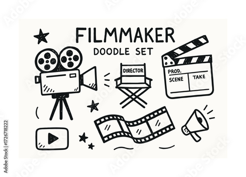 Filmmaker doodle set with camera, clapperboard, megaphone, and filmstrip icons