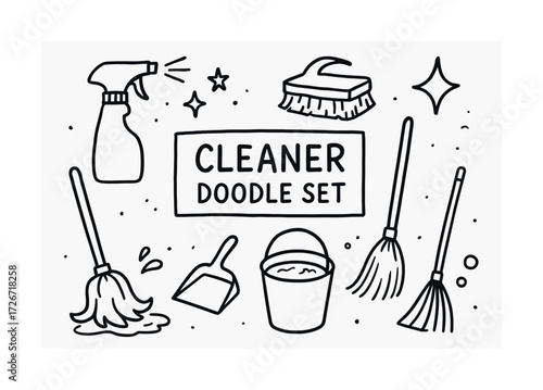 Hand-drawn cleaning tools doodle set with mop, bucket, brush, spray bottle