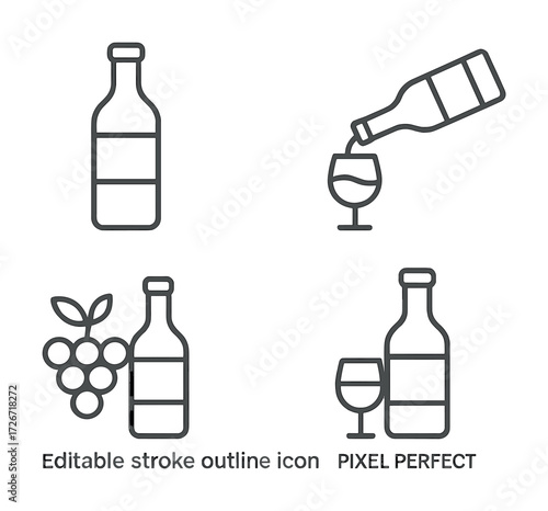 Wine bottle and glass icons with grapes - outline style