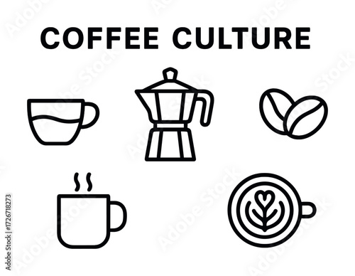 Coffee culture icons: french press, mug, beans, and latte art symbols