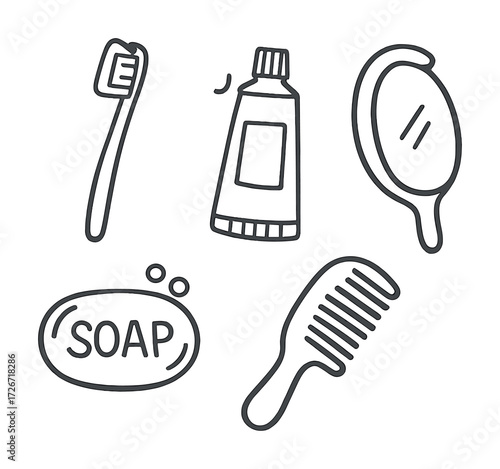 Hand-drawn bathroom essentials: toothbrush, soap, toothpaste, mirror, comb