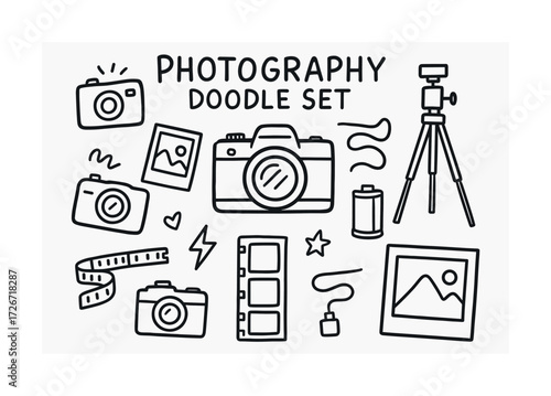 Camera and photography doodle set with tripod and accessories