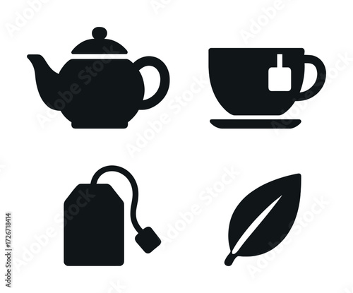 Tea set icons: teapot, cup, tea bag, leaf silhouettes in black