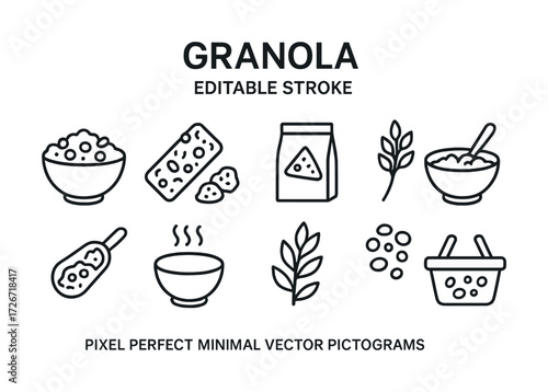 Granola icons: cereal, energy bar, plant, scoop, basket, bowl line art
