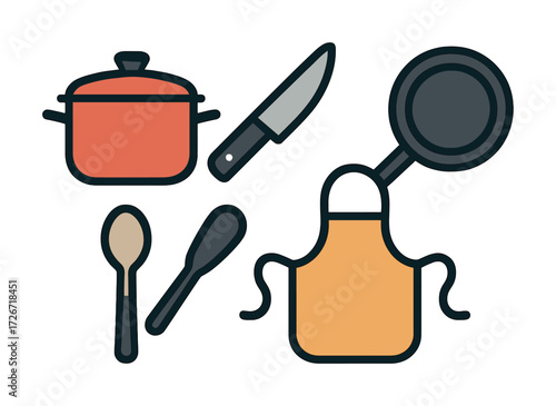 Collection of colorful kitchen utensils and cooking tools