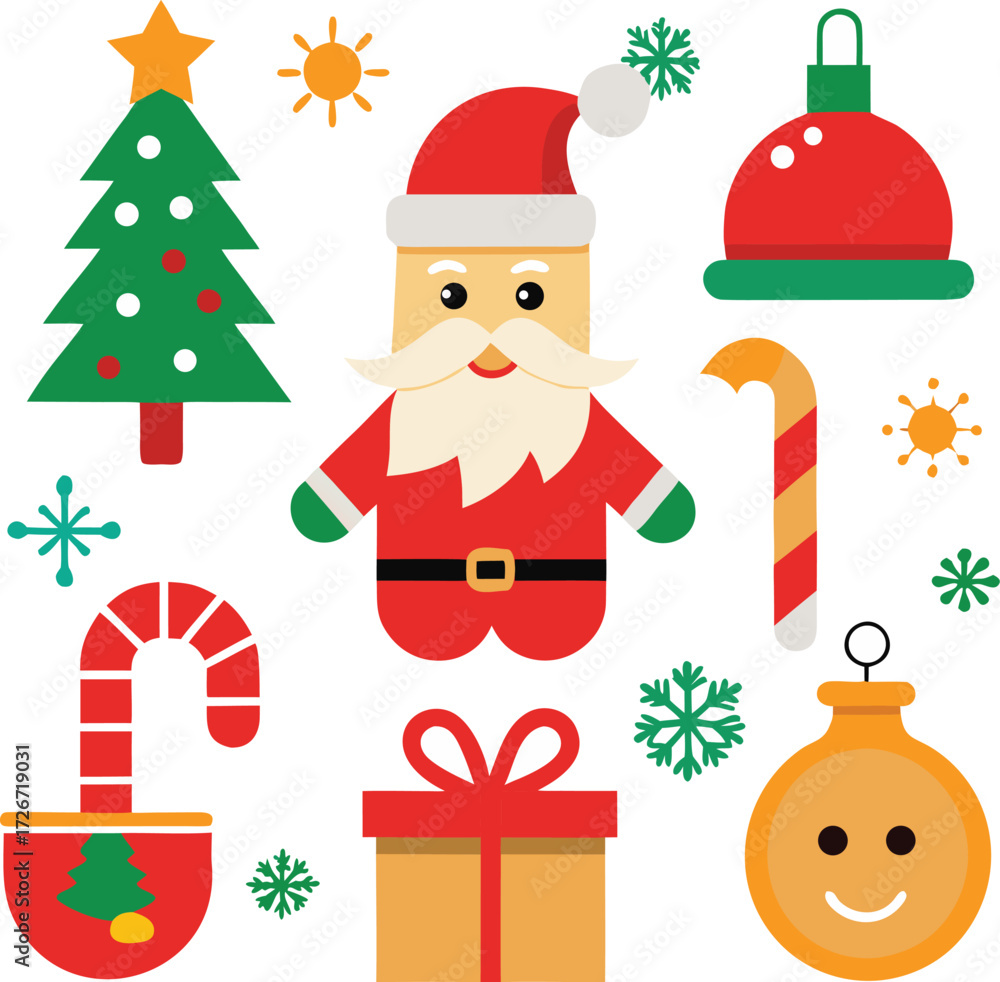 Fototapeta premium Vector art of flat design christmas elements featuring santa claus, a christmas tree, ornaments, gift box, and candy cane