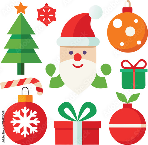 Vector art of a vibrant flat design collection of christmas icons including santa claus, a christmas tree, ornaments, gift box, and candy cane