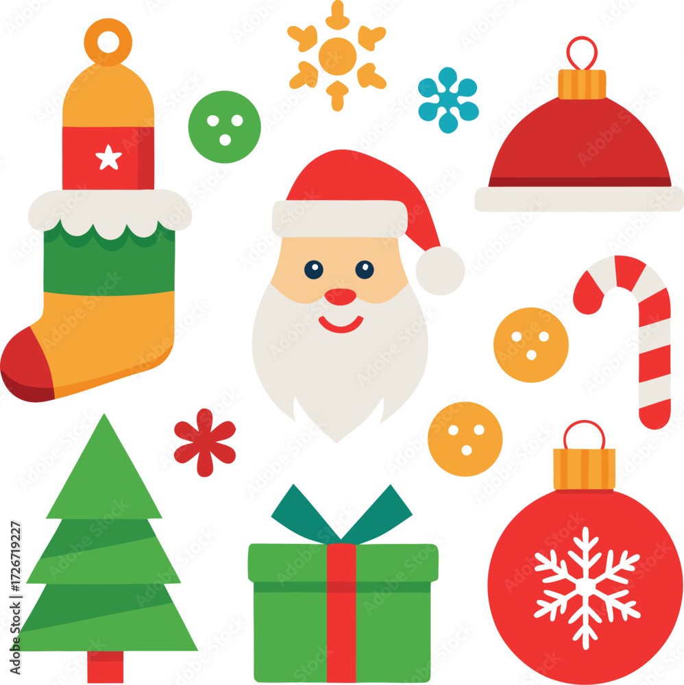 Fototapeta premium Vector art of a vibrant collection of flat design christmas elements including a stocking, santa claus face, snowflakes, a christmas tree, gift box, and ornaments, all isolated on a