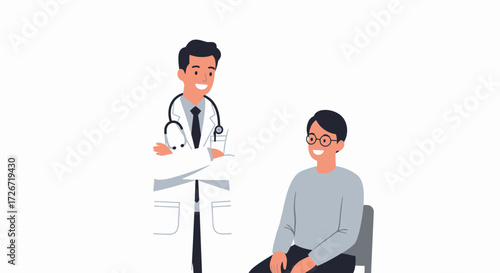 Friendly doctor discussing health with patient in a modern medical setting, promoting wellness and care