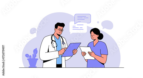 Medical professionals collaborating on patient reports, discussing diagnosis and treatment, offering support and care in modern clinic setting