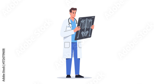 Doctor examining X-ray of human skeleton, diagnosing medical condition, healthcare professional in medical attire, hospital setting