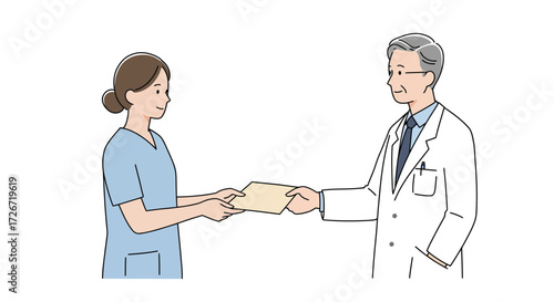 Medical professional and nurse exchanging paperwork in a clean, bright environment, symbolizing healthcare collaboration and communication