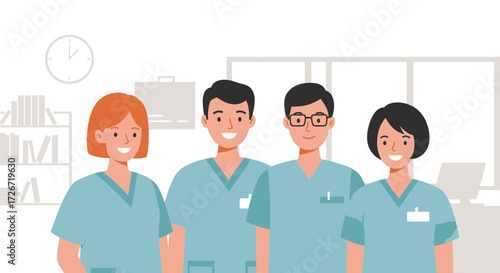 Smiling medical professionals in scrubs ready to support patients with caring compassion and expertise, ideal for healthcare projects