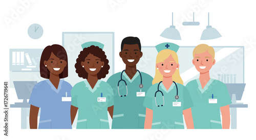 Friendly medical team of diverse nurses and doctors with stethoscopes smiling, promoting healthcare and wellbeing