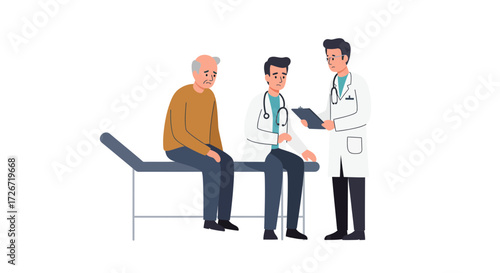 Concerned patient and doctors discuss diagnosis in clinic, healthcare consultation, medical examination, illness, healthcare, wellness