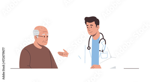Doctor consulting with senior patient, discussing health concerns and offering medical advice in a professional setting for wellness.