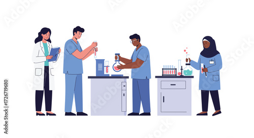 Professional scientists conducting experiments in a modern laboratory setting, teamwork and medical research with diverse professionals