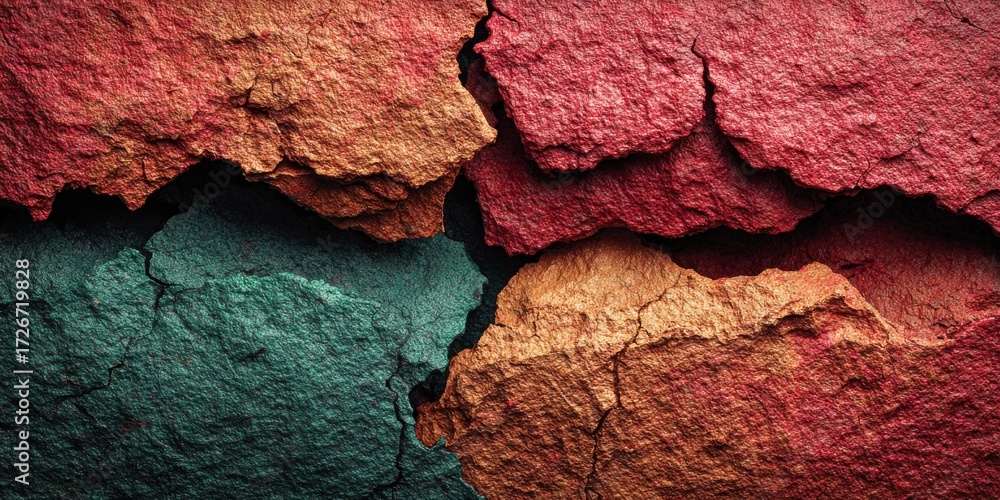 Fototapeta premium Vibrant, textured stone surfaces in deep reds, oranges, and teal create a striking, abstract background for compelling design projects.