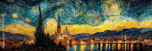 Vibrant city skyline under a swirling starry night sky, a masterpiece of impressionistic color and light evoking wonder and beauty