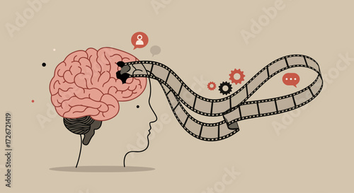 A conceptual flat design illustration depicting a stylized brain with film strips flowing from it, representing creativity, imagination, and the art of storytelling in cinema. 