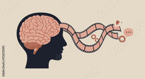 A conceptual flat design illustration depicting a stylized brain with film strips flowing from it, representing creativity, imagination, and the art of storytelling in cinema. 