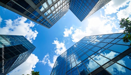 Scene looking up at skyscrapers under blue sky and white clouds, wide-angle shot