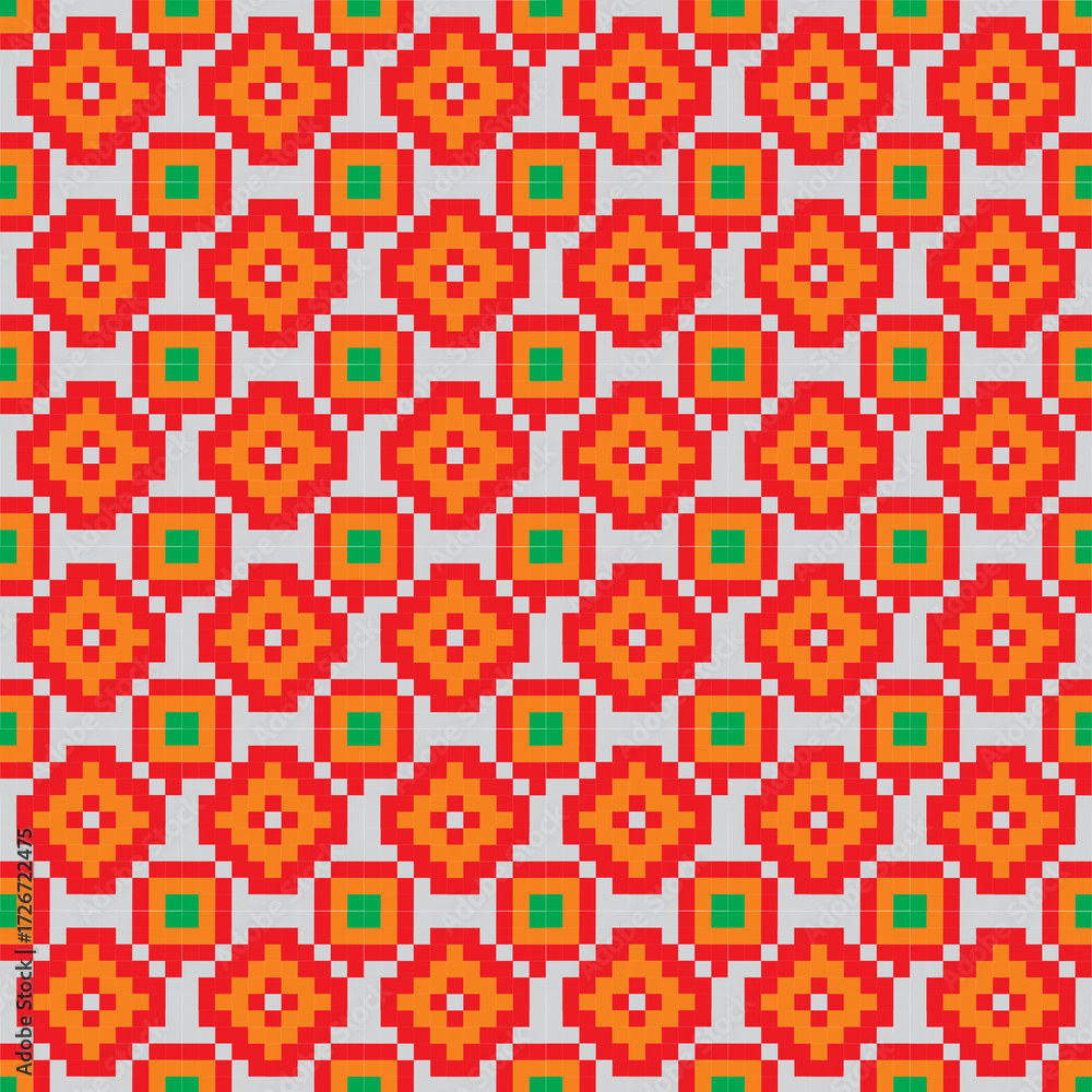 Naklejka premium Geometric square floral fabric pattern design with red, green, orange, and white lines on a light background.