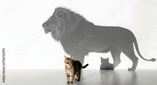 Small cat casts mighty lion shadow symbolizing inner strength and courage