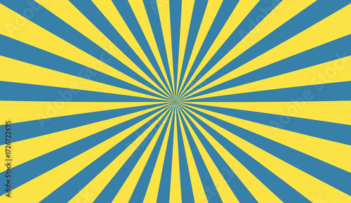 Sunburst blue yellow background with rays and burst of light. Retro radial pattern with sunshine. Bright, abstract design with a sunny texture. Vector