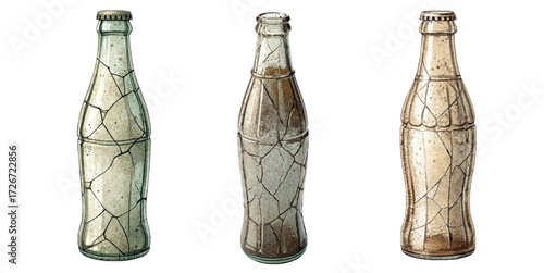 Three vintage cracked glass soda bottles symbolizing decay, nostalgia, and the passage of time in a striking visual concept