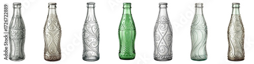 Discover exquisite vintage soda bottles with intricate embossed designs, a stunning collection of decorative beverage containers evoking classic elegance and timeless style.