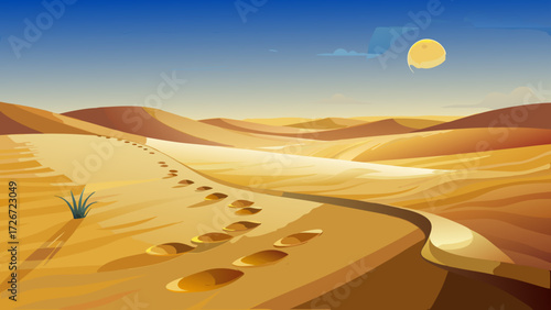 Footprints in soft desert sand, gently curving trail, sunlit horizon, traces of human journey, solitude, exploration spirit, golden grains marking path, minimal yet powerful outdoor illustration.