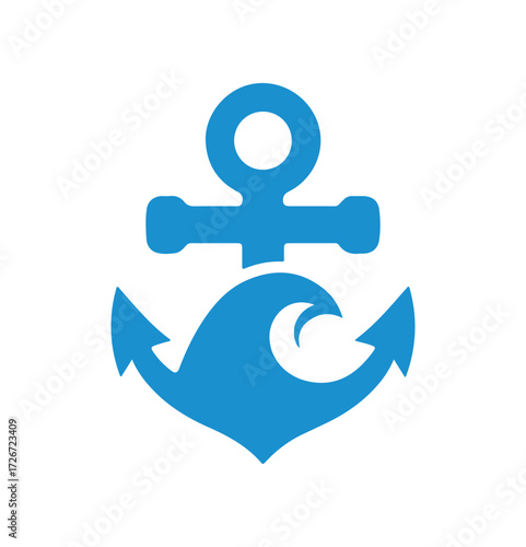 A vibrant blue graphic illustration of a sturdy anchor embracing a flowing wave, representing maritime stability, ocean journeys, and the spirit of adventure at sea.