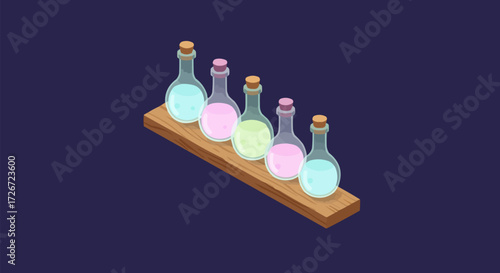 Set of colorful fantasy glass vials with magical liquid for alchemy or science experiments, isolated isometric vector graphic