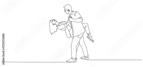 Minimalist continuous line drawing of a romantic couple dancing. The man is holding and dipping the woman gracefully, while they look at each other with affection. The artwork symbolizes love, romance