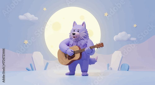 Charming 3D illustration of a cute purple wolf playing an acoustic guitar under a large full moon, surrounded by soft, stylized clouds and whimsical landscape elements