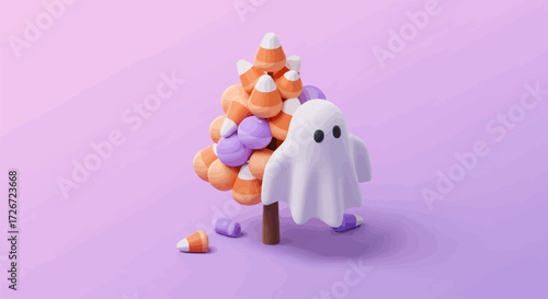Playful 3D rendering featuring a friendly ghost and a vibrant candy corn tree, capturing the sweet and spooky spirit of the autumn season