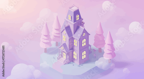 Enchanting Victorian-style house floating amidst a dreamy, pastel-colored sky with soft clouds and whimsical trees