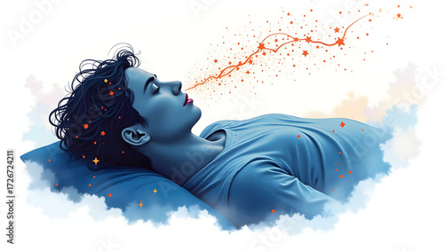 Alpha wave A surreal illustration of a person drifting in space, alpha wave signals shimmering around the head, stars and abstract dream motifs in the background(2)