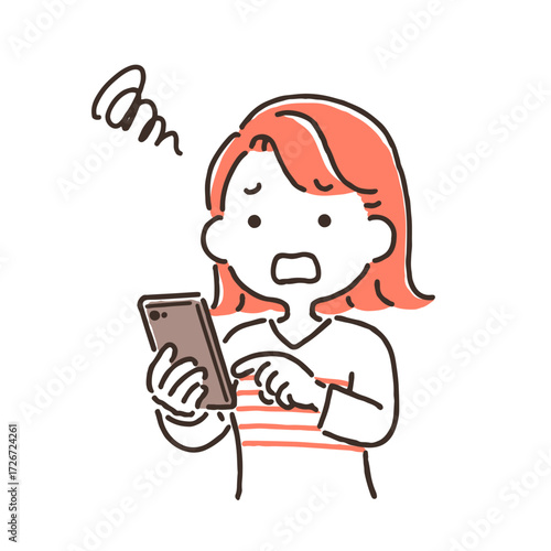 困った顔でスマホを操作している若い女性（シンプル）