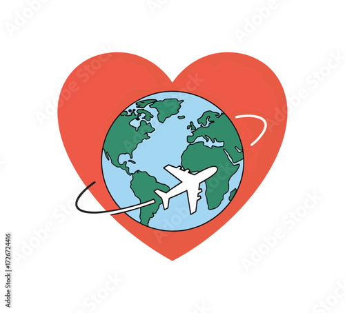 Express your passion for global exploration with this vibrant heart and airplane encircling the Earth, perfect for travel lovers and wanderlust inspiration
