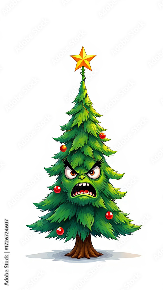 Fototapeta premium Cartoon angry crazy christmas tree on a white background 