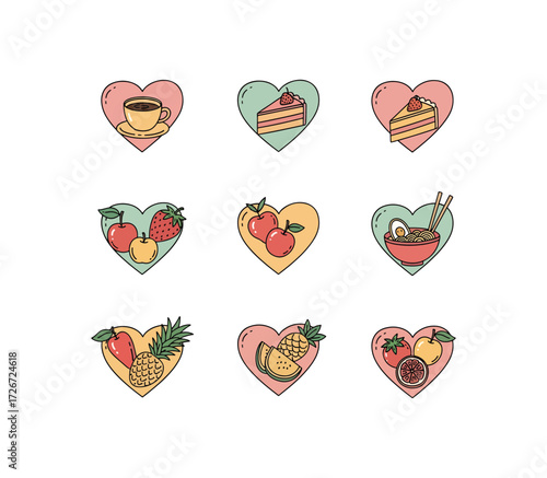 Delightful collection of heart-shaped icons featuring delicious food and drinks, perfect for expressing love and passion for culinary delights and sweet treats.
