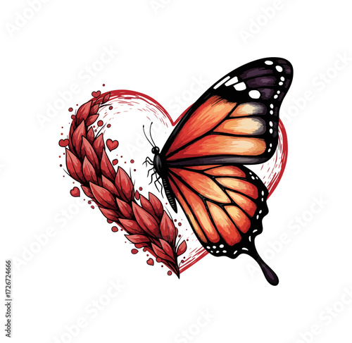 Vibrant Monarch butterfly gracefully emerges from a stylized heart composed of delicate red petals and swirling brushstrokes, symbolizing love and transformation