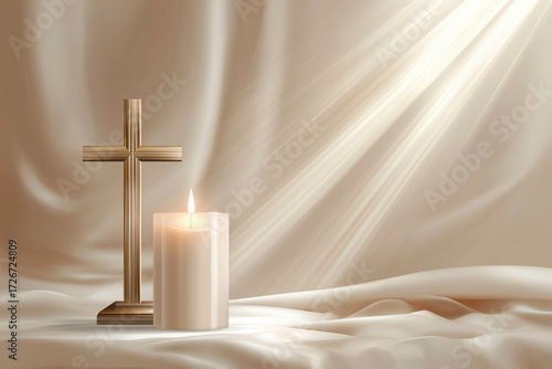 Golden Christian Cross and Lit Candle on Soft Drapery with Divine Light Beams