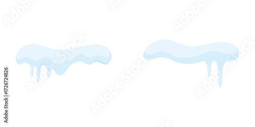 Winter Icicles and Snow Caps Illustration Vector. Snow caps, snowy ice and frozen icicles, vector cartoon icons, isolated on transparent background. Winter season background. Cold new year, christmas.