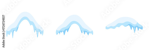 Winter Icicles and Snow Caps Illustration Vector. Winter and cold season decoration vector elements. Snow caps, snowy ice and frozen icicles, vector cartoon icons, isolated on transparent background.