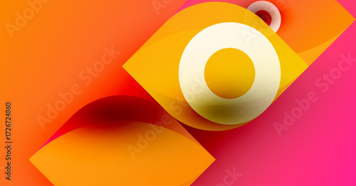 Abstract design features layered shapes, warm colors, orange, yellow, pink. Modern aesthetic, dynamic composition, smooth gradients present.