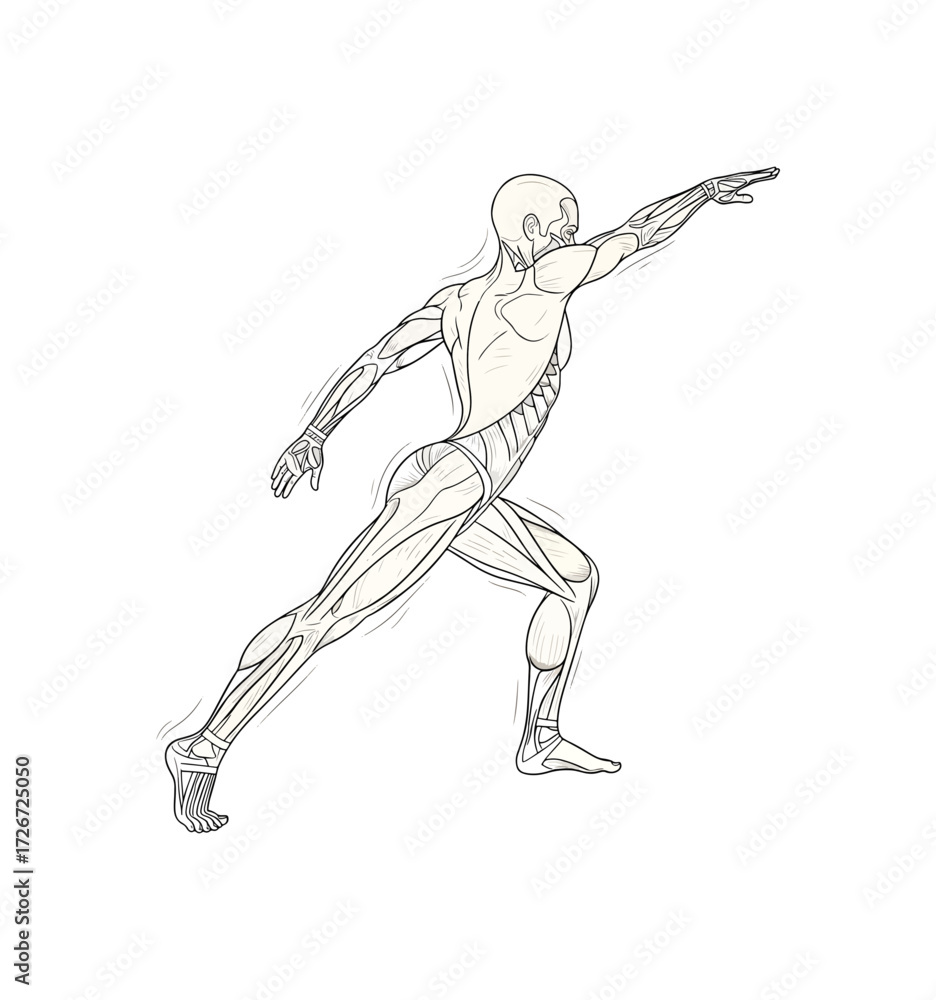 Fototapeta premium Dynamic human anatomy illustration of a muscular athlete in motion, showcasing detailed musculature and skeletal structure for educational and fitness appeal